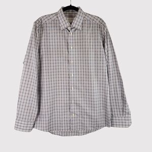 Eton Mens Button Up Shirt Gray Slim Fit Linen Plaid Gingham Long Sleeve Large